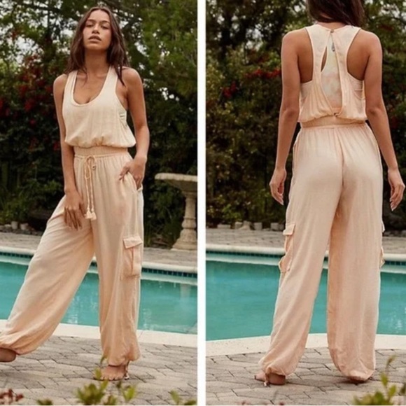 Free People Pants - NEW Free People Vicose Linen Blend Peach Cargo Jumpsuit